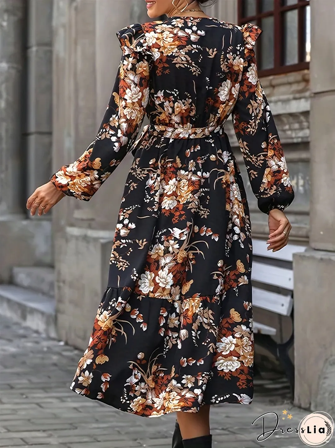 Ruffled Printed Surplice Long Sleeve Midi Dress