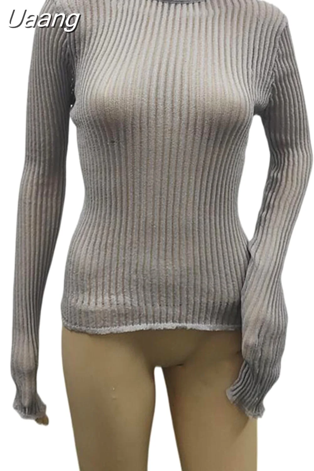 Uaang Sexy Thin Knit Sweater Women Solid Color Basic Pullover Top Casual Cozy Long Sleeve T-shirts 2023 Spring Summer New