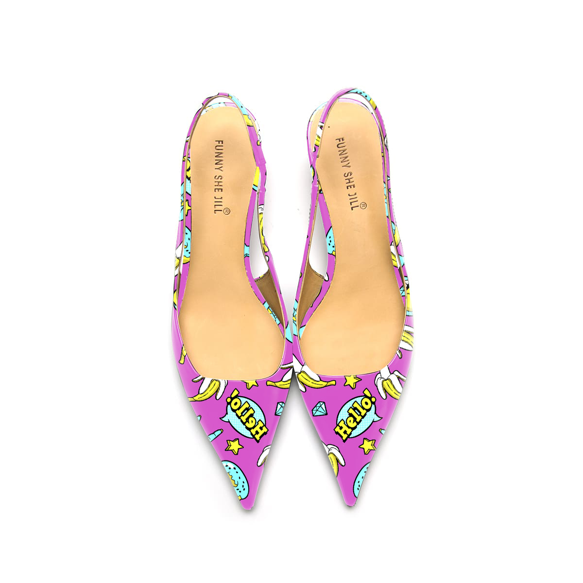 Purple Cartoon Pattern Patent Leather Pointed Toe Elegant Kitten Heel Slingback Dress Pump Shoes