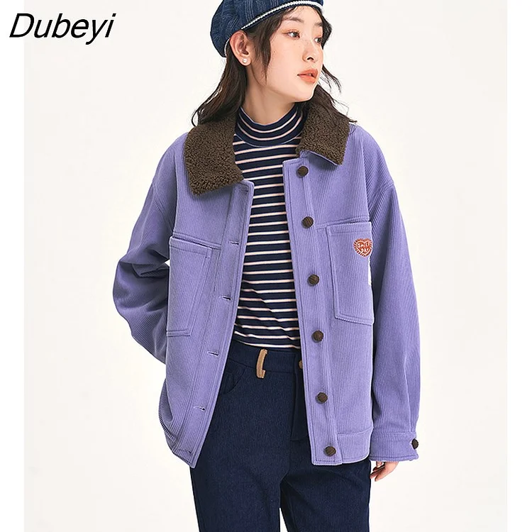 Dubeyi Women Corduroy Coat 2022 Winter Long Sleeve Polo Neck Loose Jacket Graphic Print Streetwear Warm Casual Outwear Tops