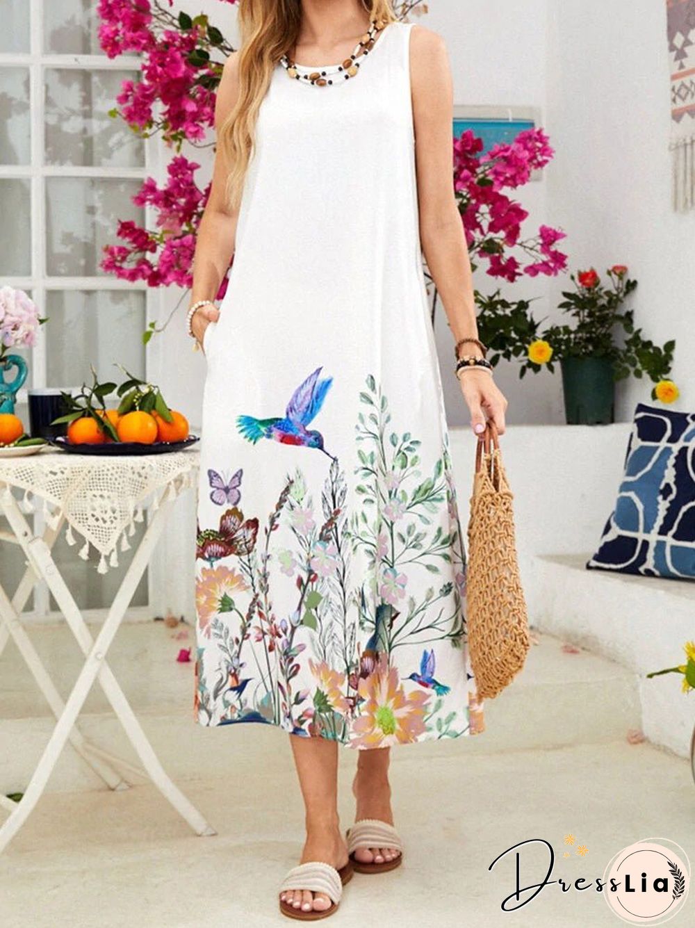 Women'S Dresses Loose Printed Crewneck Pocket Dress