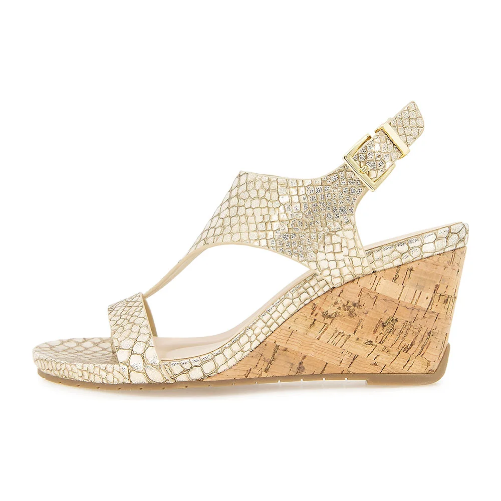Gold Snakeskin Pattern T-Strap Buckle Wedge Heel Women Sandals
