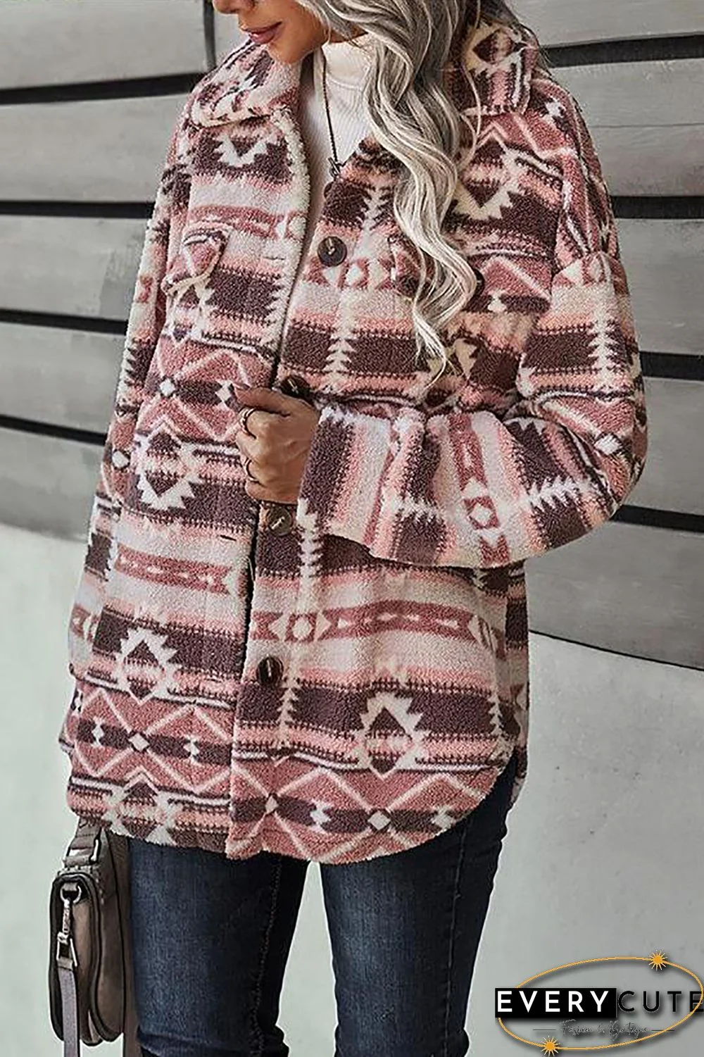 Pink Tribal Print Pocket Buttoned Sherpa Jacket