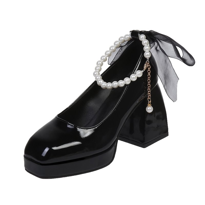 1950s Black Retro Rough Heel Pearl Bow Single Shoes High Heels
