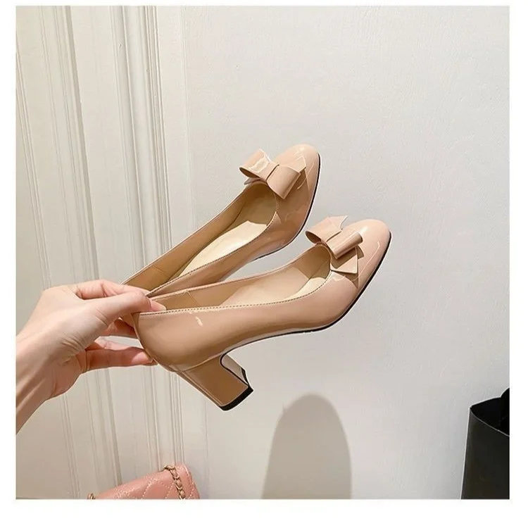 Breakj Breakj New Coarse Round Bow High Heels Bare Pink Gentle White 6 Cm Mary Jane Women's Shoes