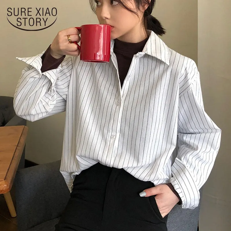 Female Streetwear Blouse Women Striped Shirt 2021 Spring Winter Long Sleeve Casual Loose Shirts Oversize Fashion Clothing 11097
