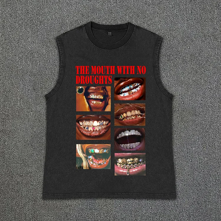 Street Vintage The Mouth With No Droughts Print Acid Washed Tank Top