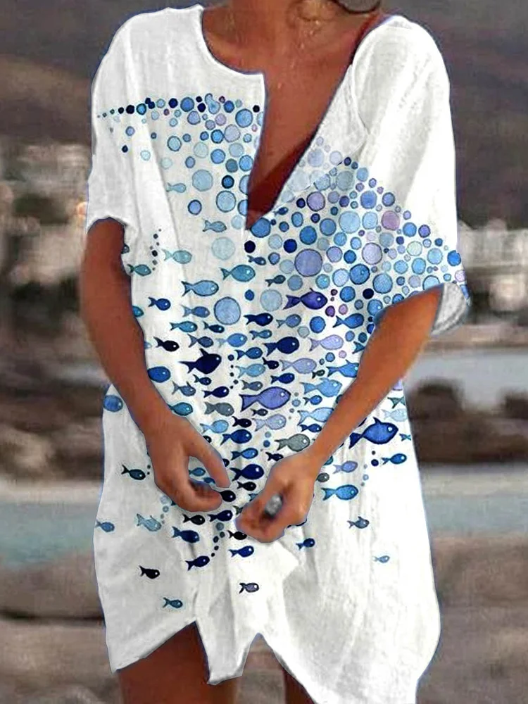 Women'S Artistic Fish Pattern Printed Cotton And Linen Dress