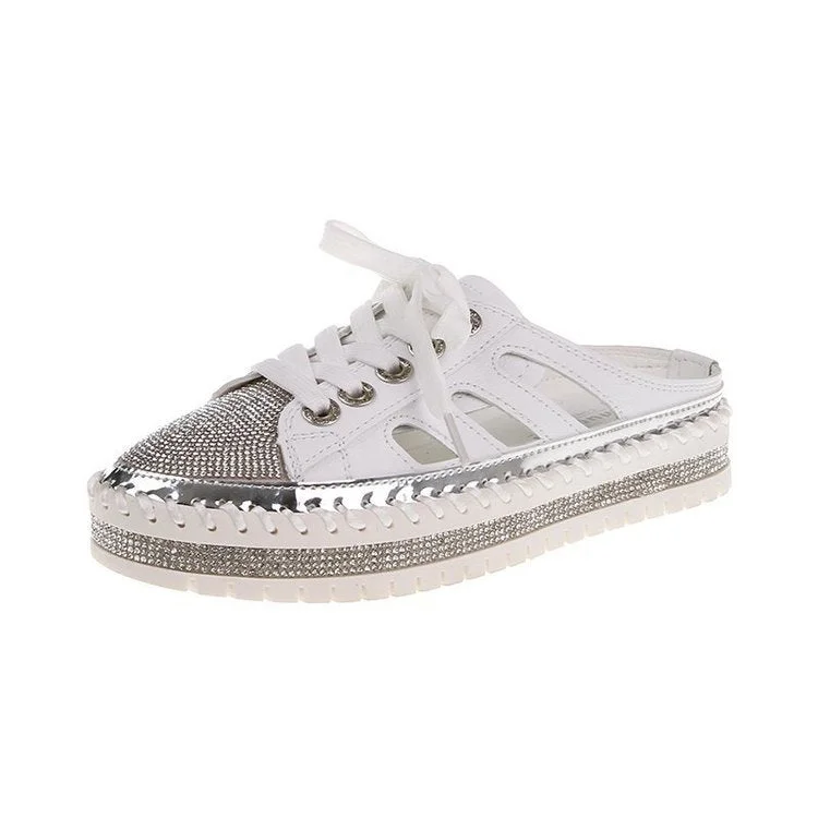 2021 New Flat Platform Half Slippers Bling Mules Crystals Lace-up Shoes shopify Stunahome.com