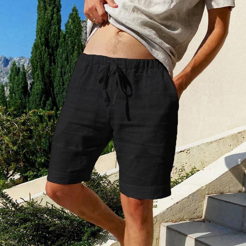 Men's daily casual cotton and linen solid color breathable five-point casual pants