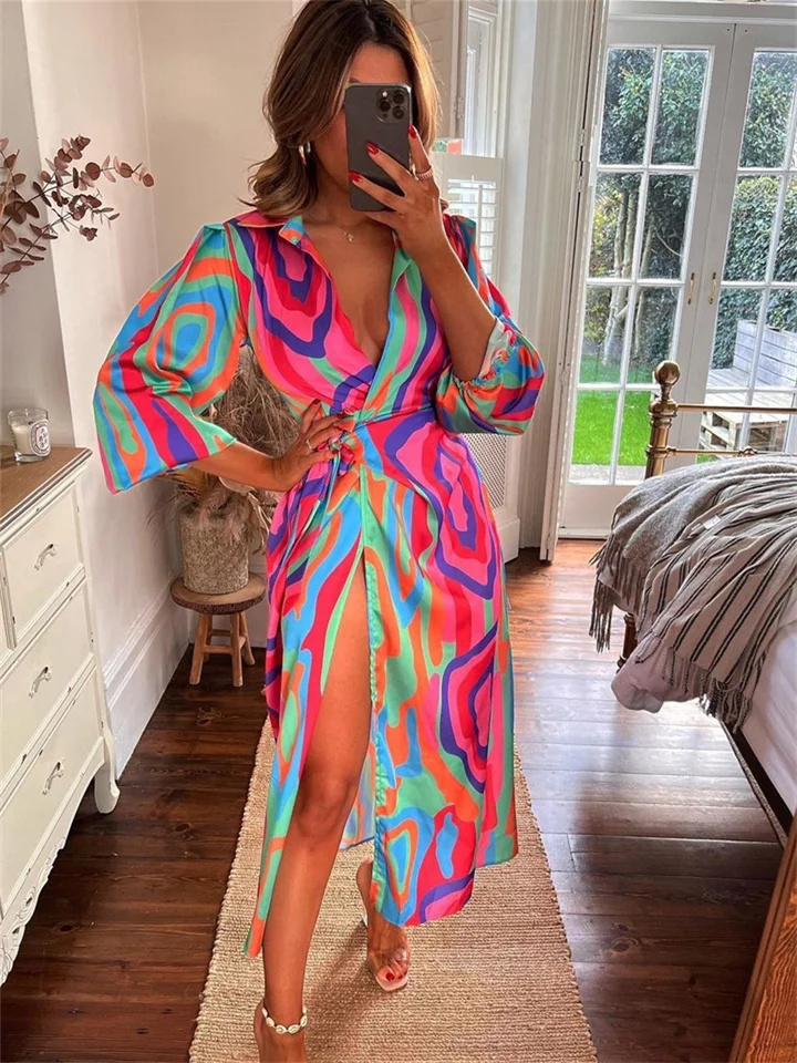 Fashionable Printed Lantern Sleeve Lace Up Slit Lapel Dress Popular Color Contrast Medium and Long Skirt