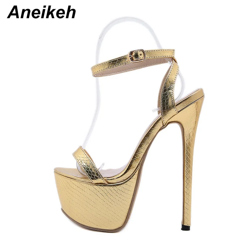 Aneikeh NEW Sexy Sandals Women Bling Golden PU Peep Toe Stripper High Heel Sandals Summer Fashion Buckle Strap Thin Heels Slides