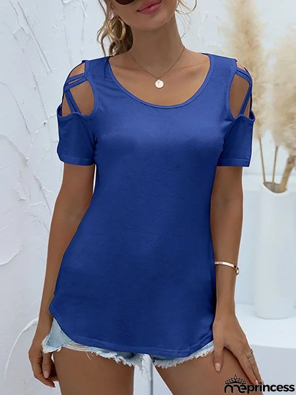 Original Creation Short Sleeves Hollow Solid Color Round-Neck T-Shirts Tops