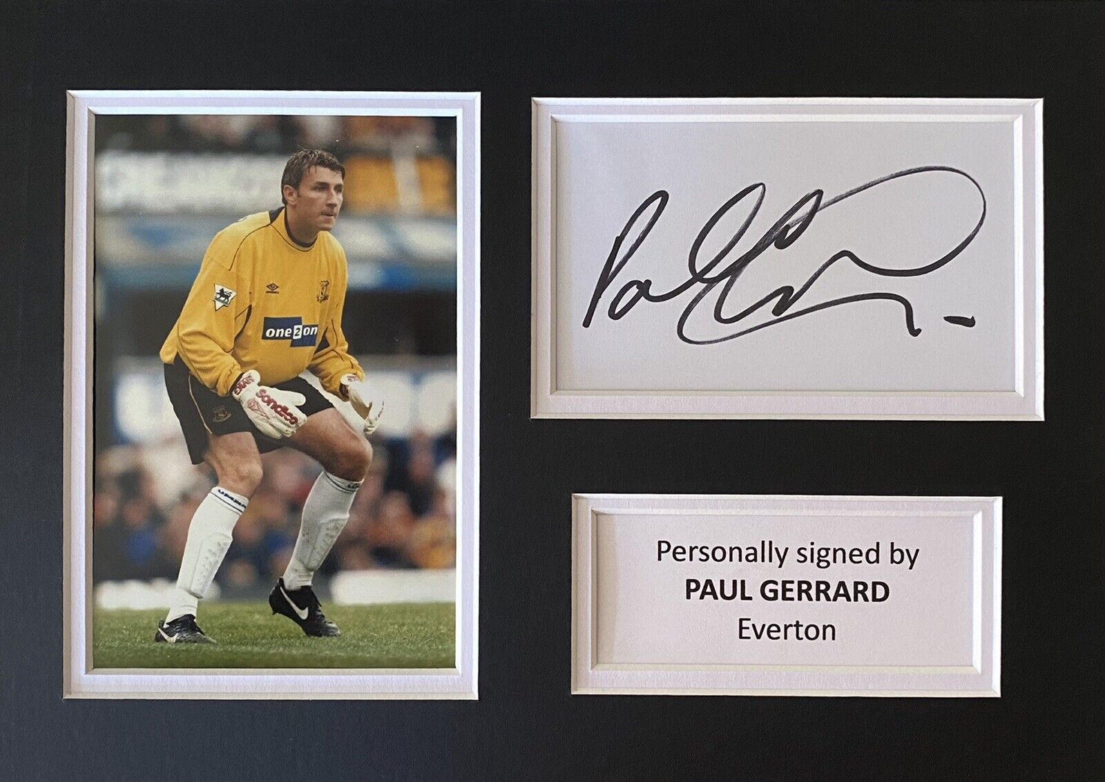 Paul Gerrard Hand Signed White Card In A4 Everton Mount Display