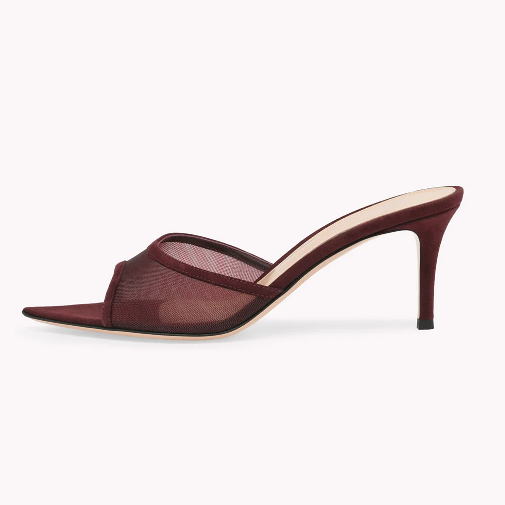 Maroon Breathable Mesh Stiletto Heel Pointed Toe Mules Shoes