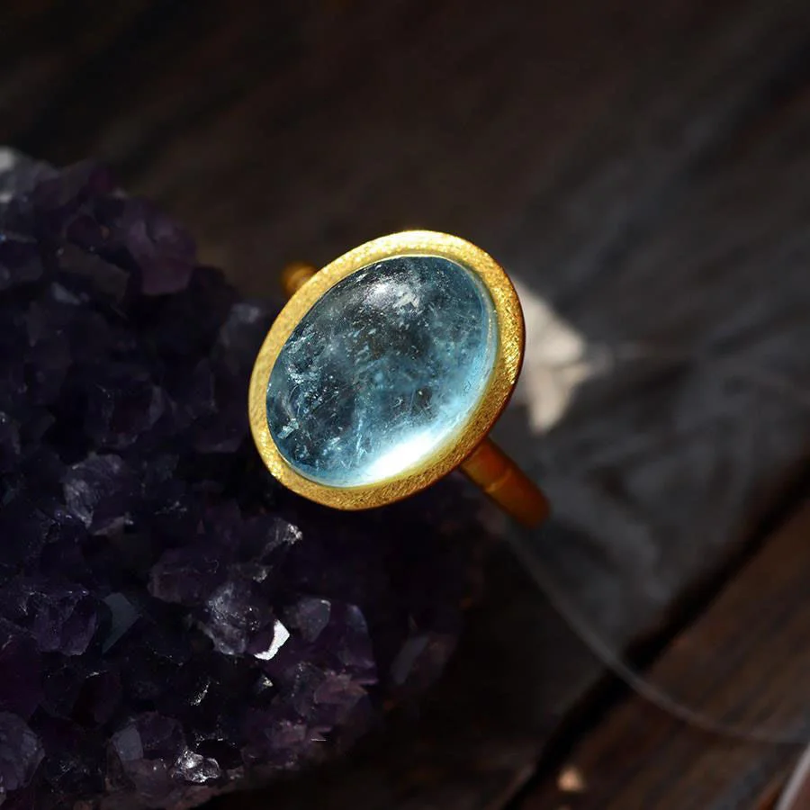 Aquamarine Crystal Stone Courage Lucky Wealth Lucky Adjustable Ring