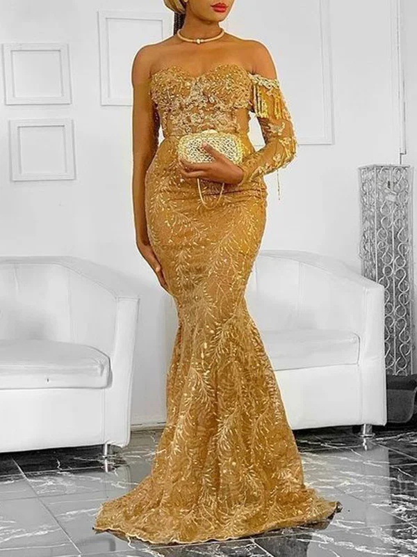 Sexy Off-The-Shoulder Sequined Tasseled Gold Evening Maxi Dress