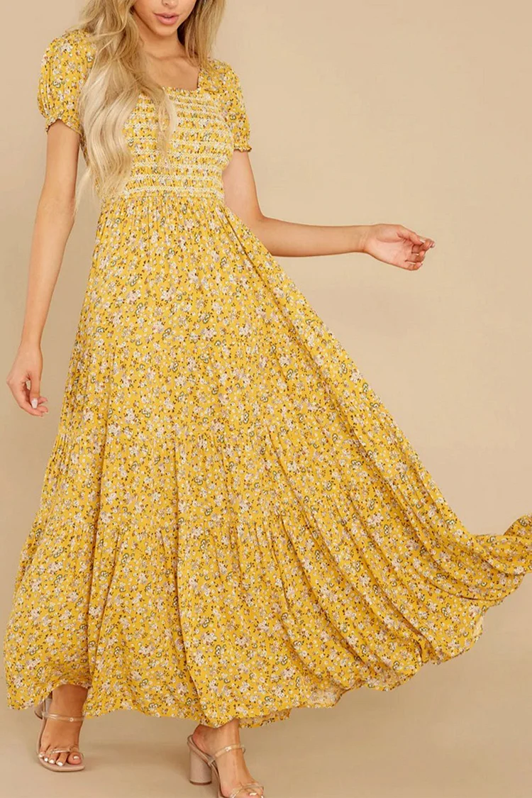 Luditu Midi Dress, Off  Shoulder Smocked Dress, Yellow Daisy Garden