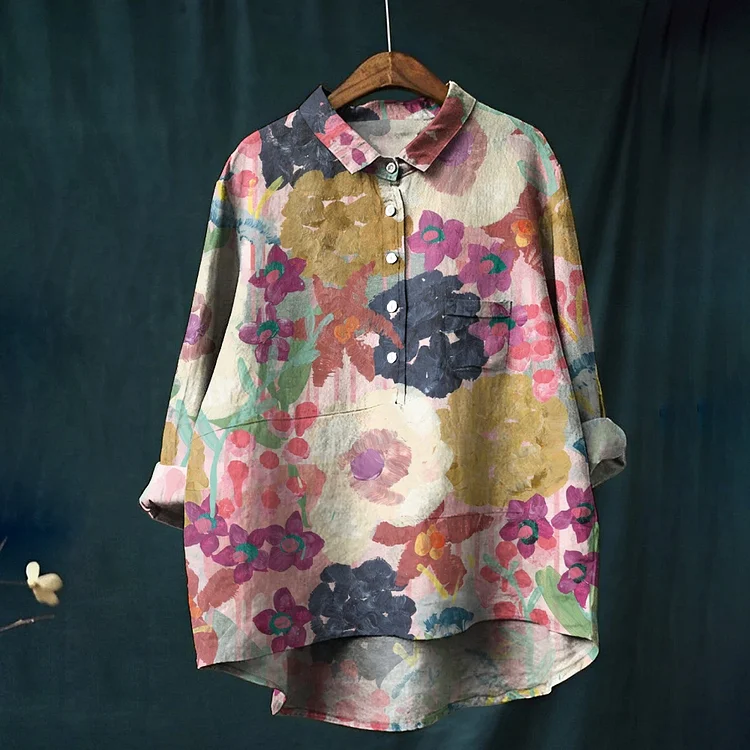 Women's Flower Art Print Casual Cotton And Linen Shirt