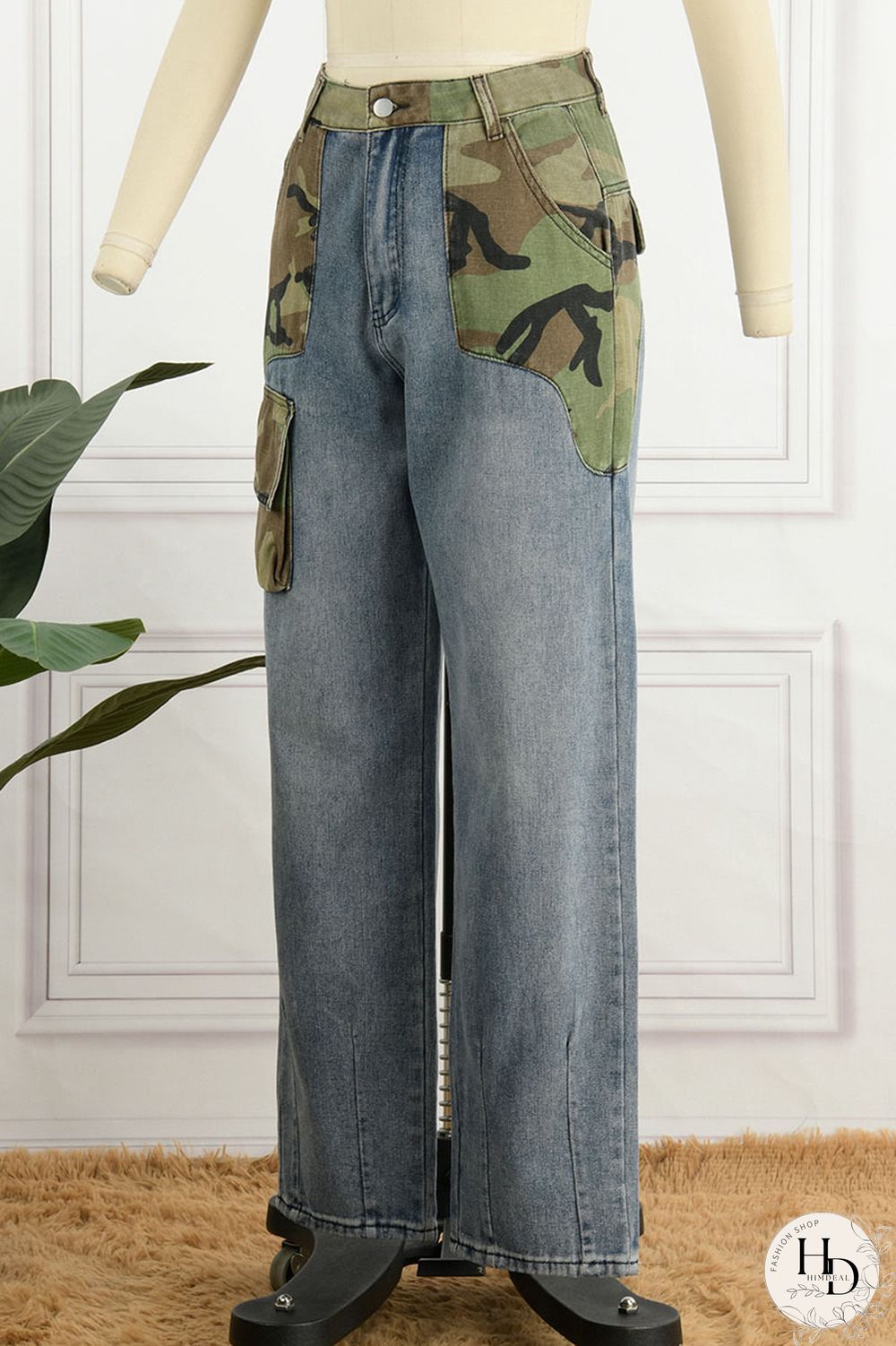 Blue Street Print Camouflage Print Patchwork High Waist Loose Denim Jeans