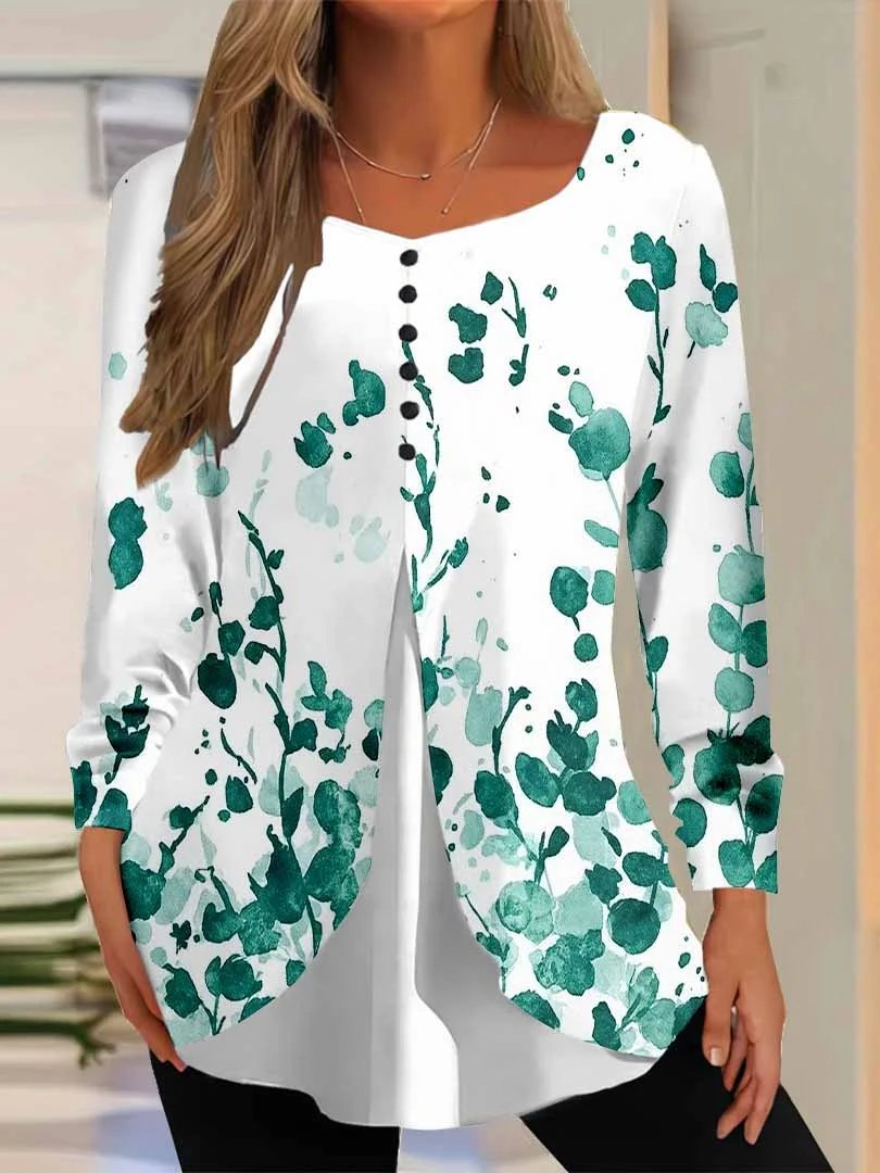 Women Floral,Green DZGG8369 Long Sleeve Scoop Neck Printed Graphic Button Fake 2in1 Tops