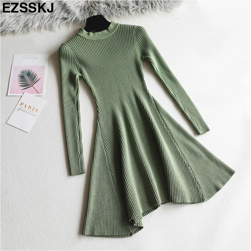 chic Autumn Winter black Sweater Dress Women o-neck Long Sleeve A Line thick Knit mini Dress female girl short bodycon dress
