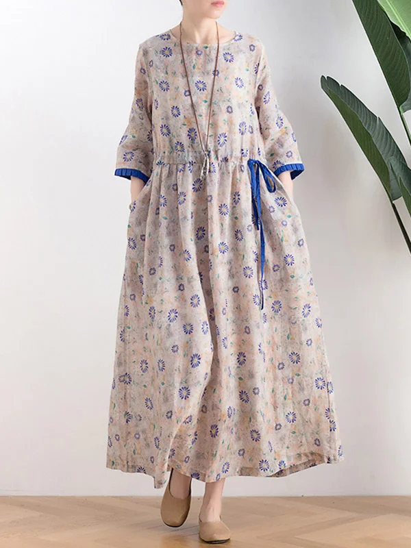 Original Floral Round-Neck Elasticity Waist Midi Dress