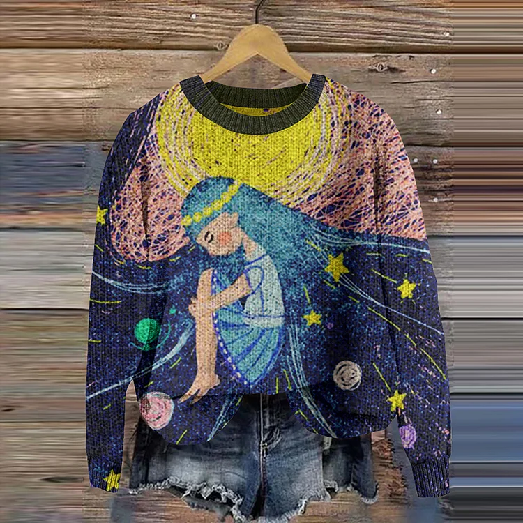 Kuscheliger Häkelstrickpullover „Girl Under The Starry Sky“ mit grafischer Grafik