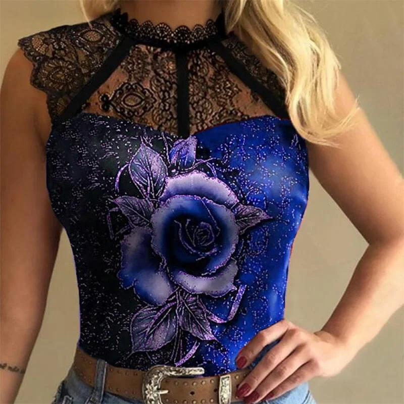 Umeko Women Sexy Lace T-Shirt Sleeveless Crew Neck Ruffle Collar See-through Tops Spring Fashion Rose Flower Office Tops Shirts