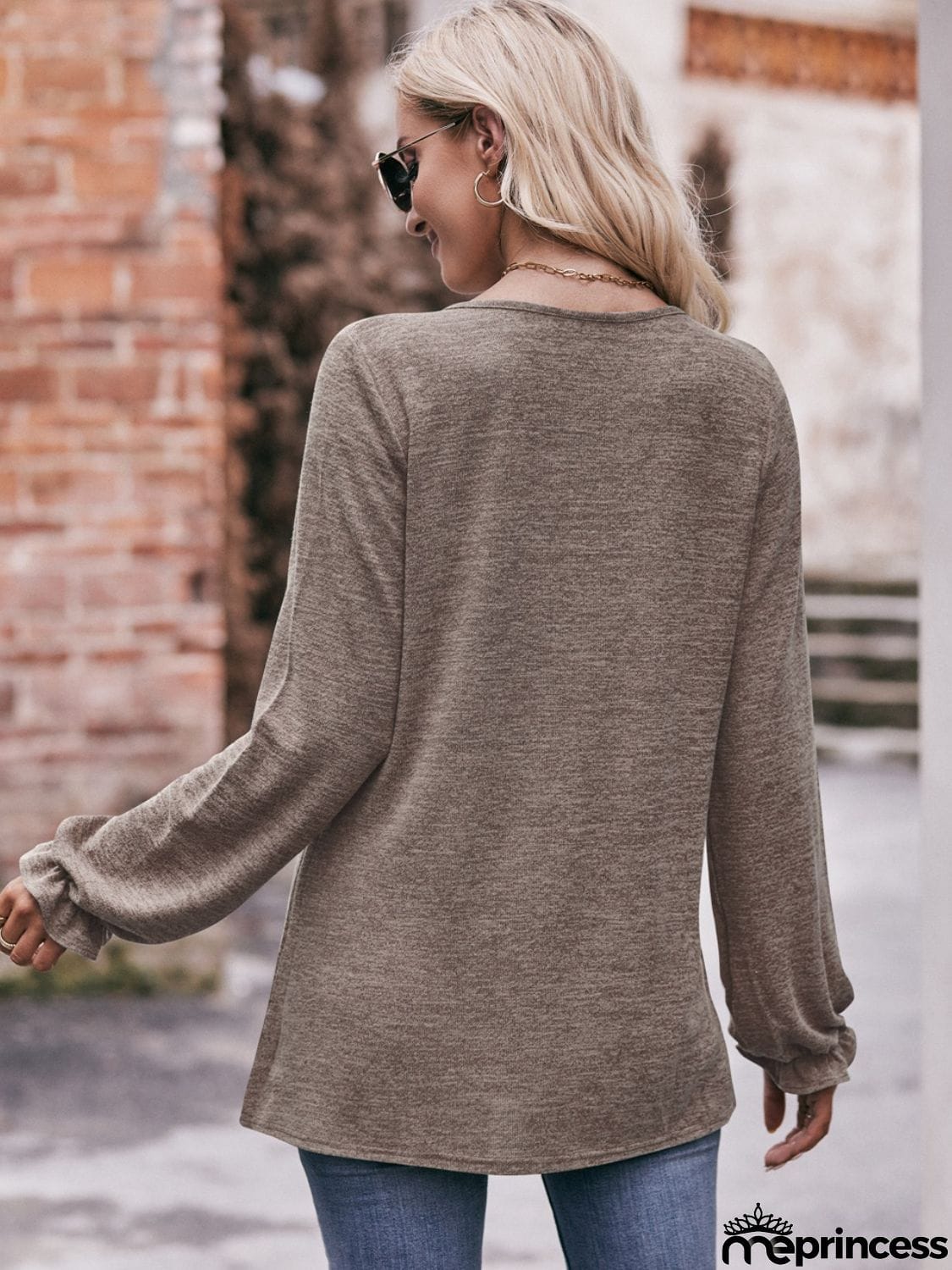 Long Flounce Sleeve Round Neck Blouse