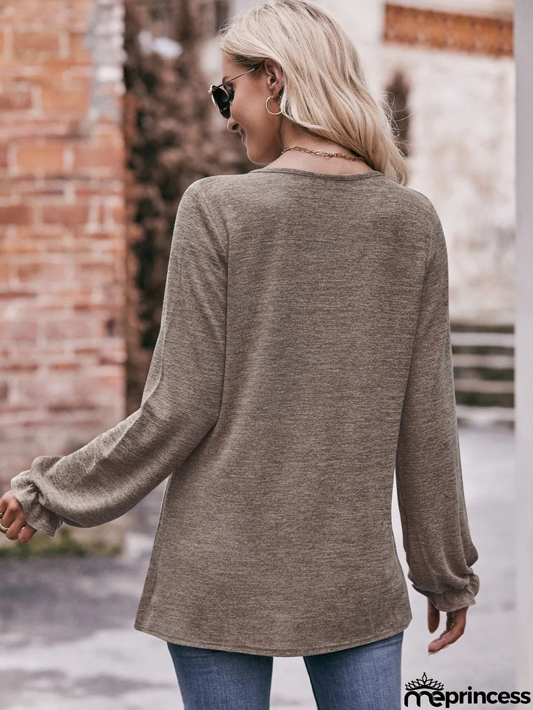 Long Flounce Sleeve Round Neck Blouse