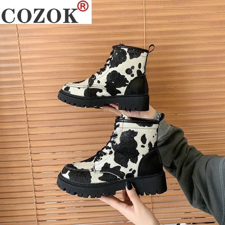 Women Motorcycle Boots Autumn Winter Fashion Solid Color Martin Boots Women High Quality Comfortable Cow pattern Female Boots