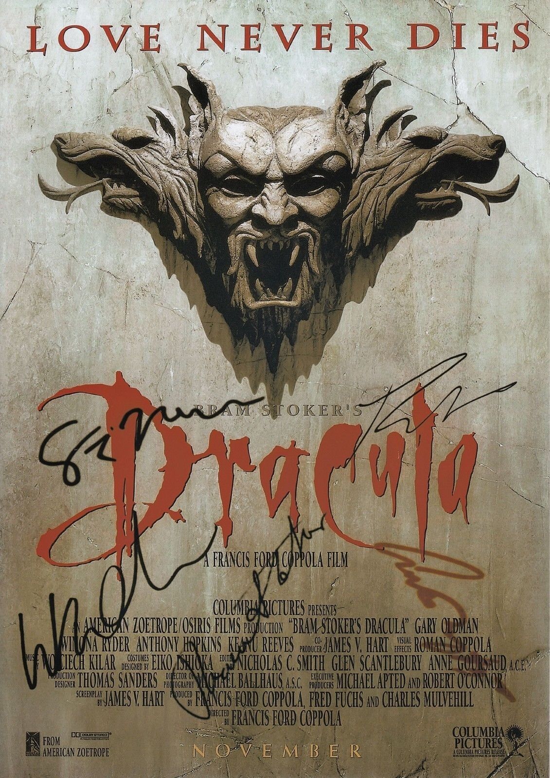 BRAM STOKER'S DRACULA CAST AUTOGRAPH SIGNED PP Photo Poster painting POSTER