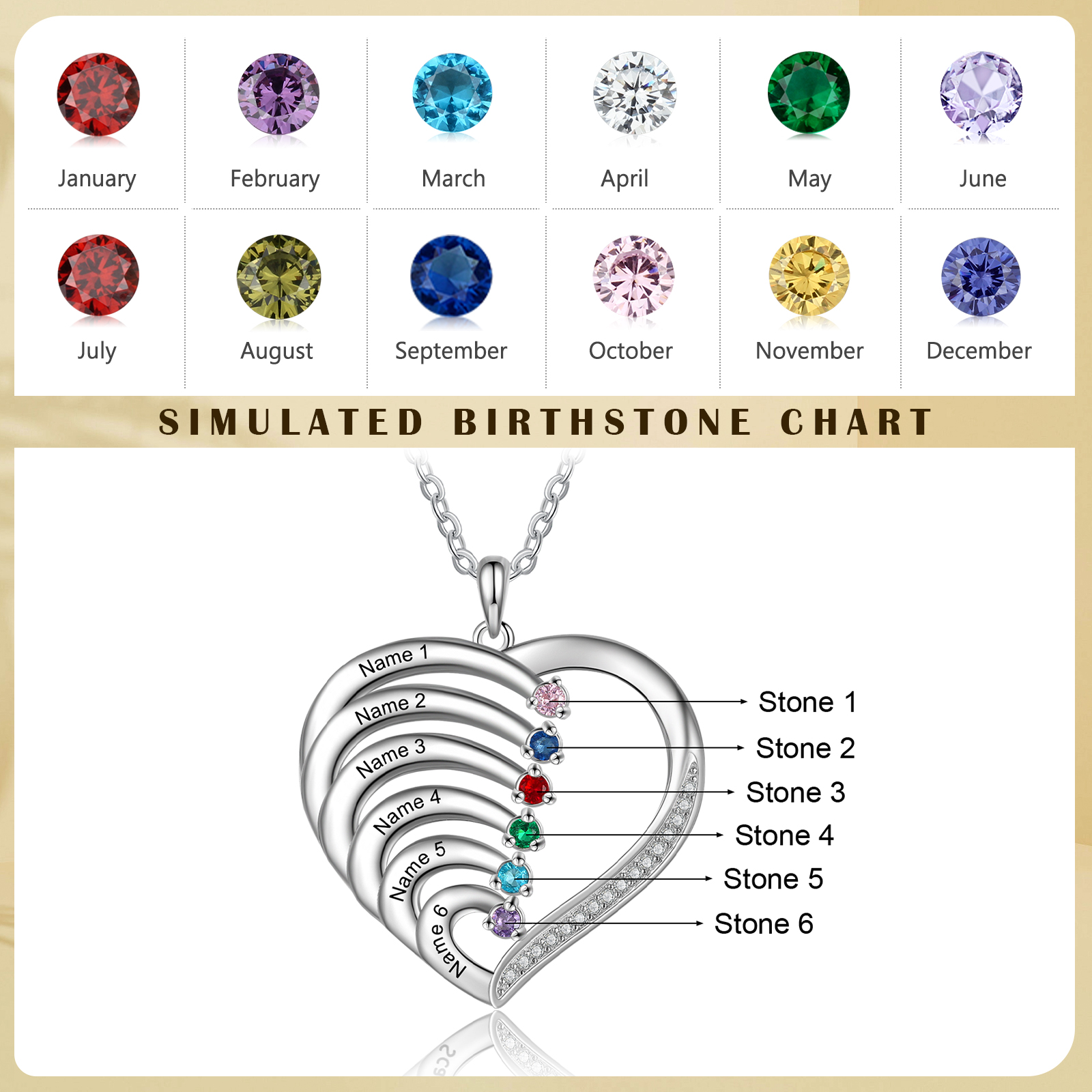 Argento S925 Collana con 6 nomi personalizzati e 6 pietre di nascita in ciondolo a cuore con scatola rosa