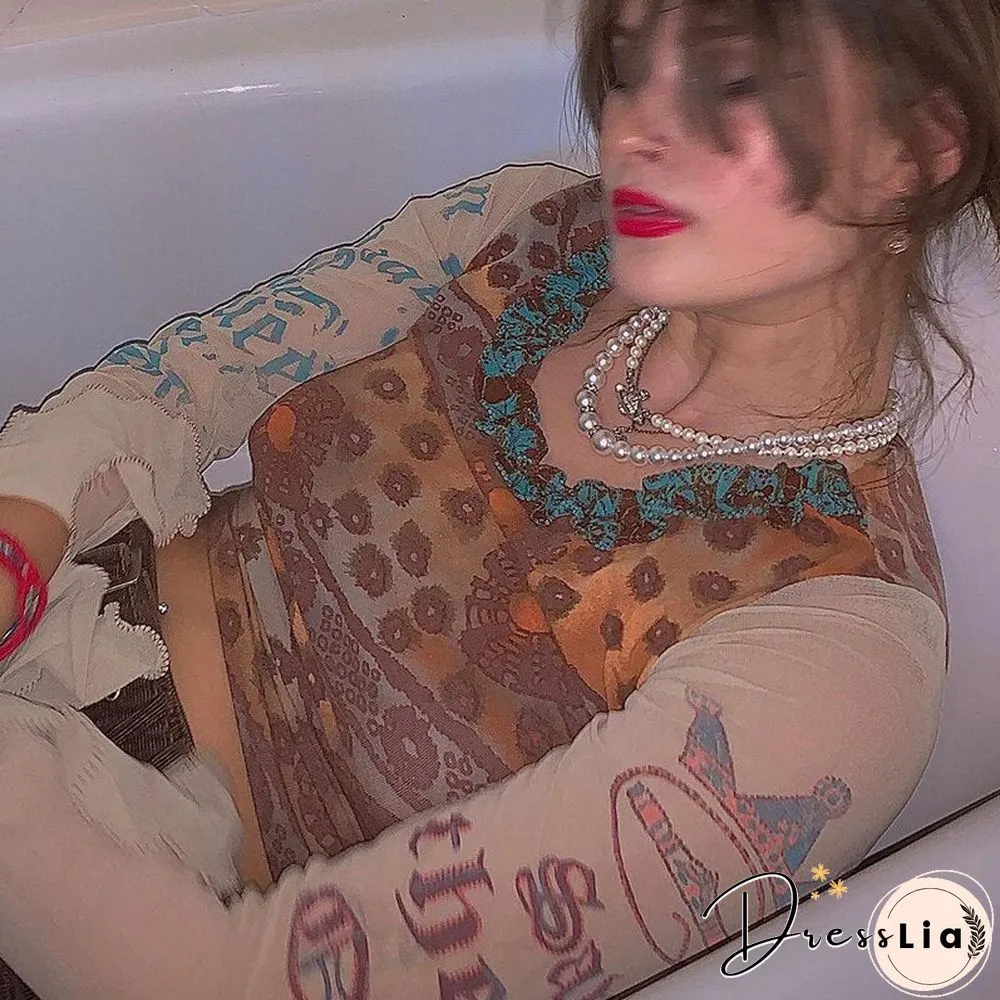 Harajuku Print y2k Mesh Crop Tops Women Streetwear Lace Patchowrk Khaki Aesthetic Shirts