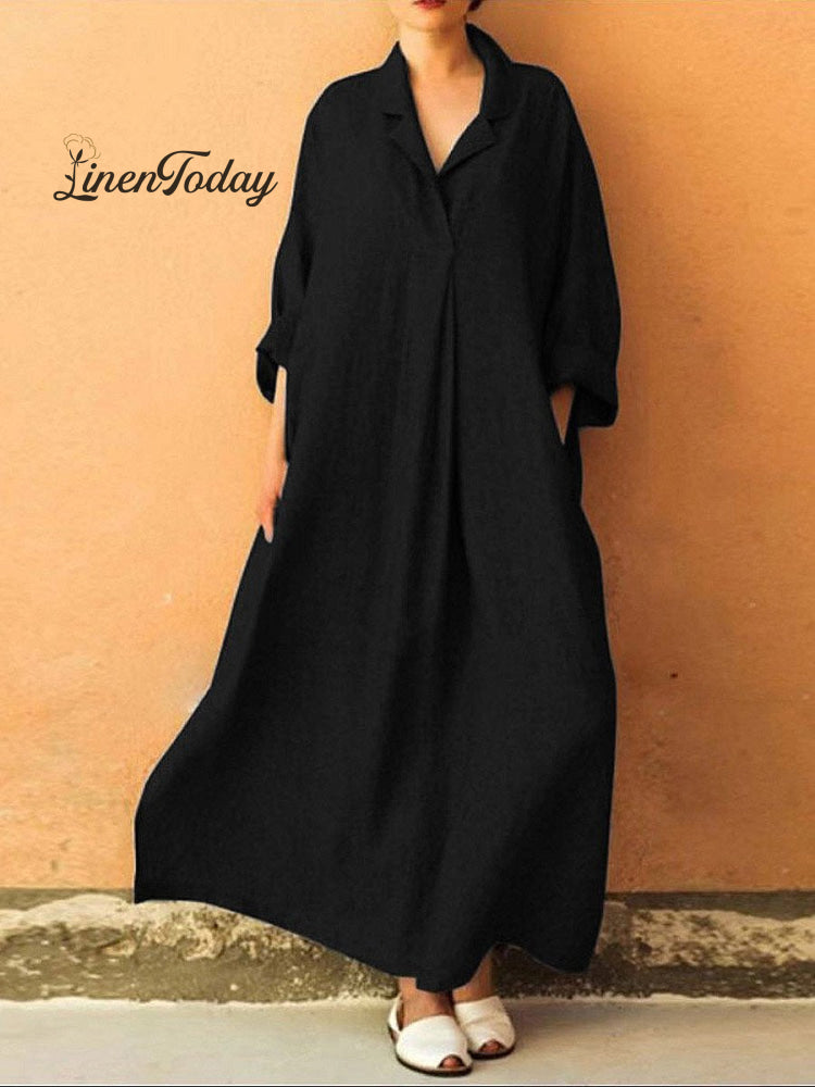 Women&rsquo;s Stylish Casual Loose Long Sleeve Solid Color Cotton And Linen Dress Black / S