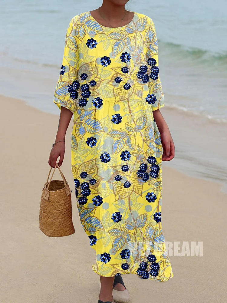 Womens Blueberry Floral Pattern Pocket Cotton Dress