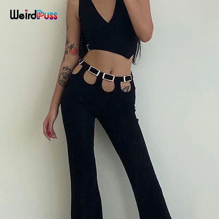 Weird Puss Y2K Chic Button Mid Waist Pants Women Summer Hollow Out Streetwear Flare Pants 2021 Fashion Casual Skinny Trousers