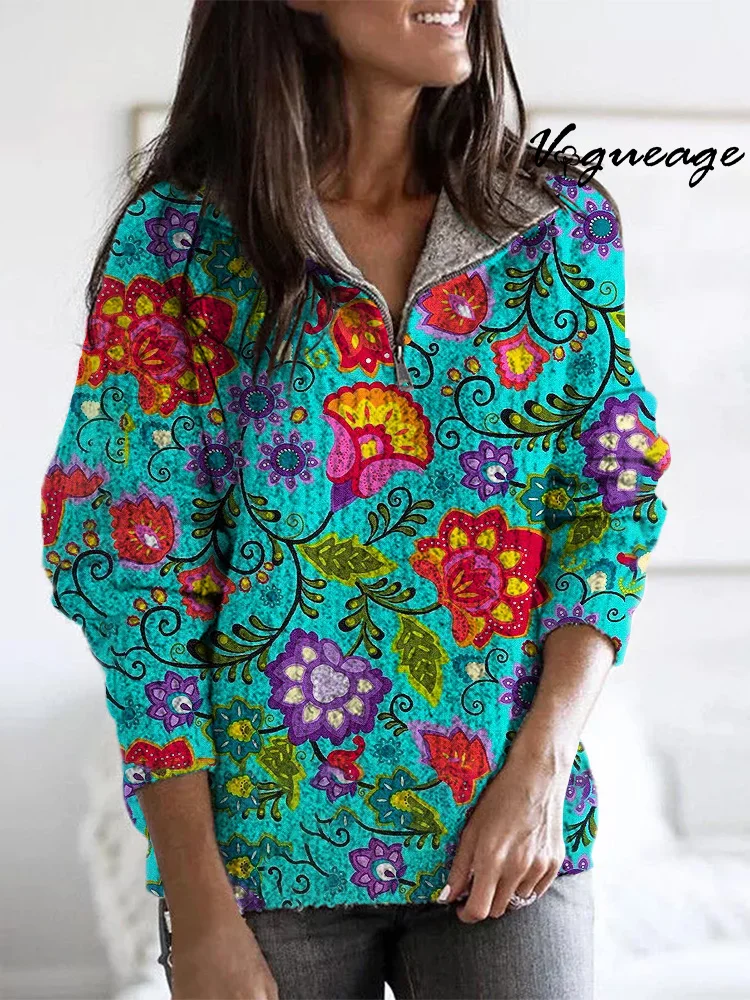 Bright Plants And Flowers With Green Leaves Zippered Long-Sleeved Sweater