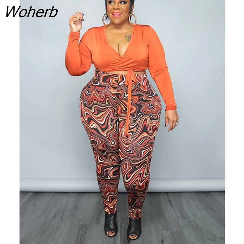 Woherb Plus Size Elegant Two 2 Piece Set For Women 2022 Summer Floral Tie Dye Leggings And Crop 6044