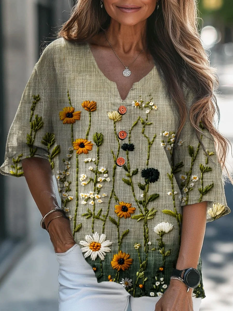Women's Vintage Lovely Floral Art Print Casual Cotton Linen V-neck Shirt
