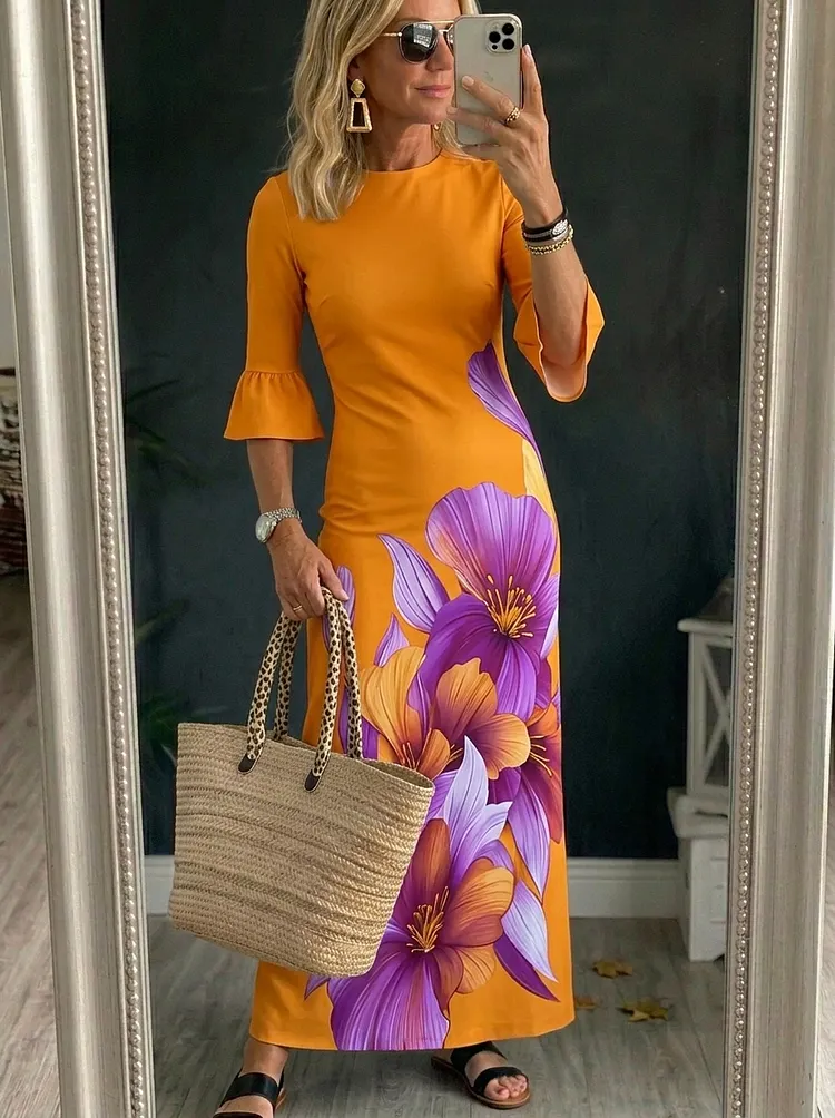 Women&rsquo;s Stylish Elastic Slim-fit Printed Maxi Dress
