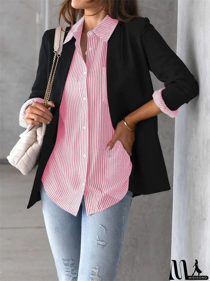 MidiSono - Autumn Leisure Stripe Lapel Long Sleeve Plus Size Women Blouses