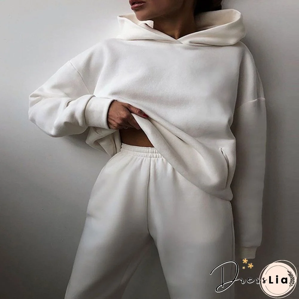 Women Hoodies Two Piece Set Long Sleeve Solid Casual Pocket Sweater Suit Spring Elastic Sport Pants Female Tracksuit