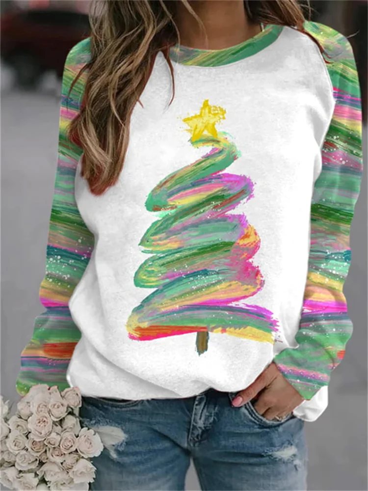 VChics Oil Painting Christmas Tree Patchwork Sweatshirt