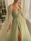 Sage Green Strapless Sweetheart Neck Ball Gown Sparkling Shawl Tulle Formal Robe Prom Dress Bridesmaids Dresses Side Split Princess
