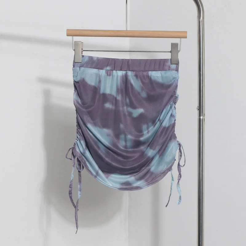 Uveng Solid Shot Tie-Dye Printing Net Yarn Rope With Folded Bag Hips Babes Short Skirt Anti-Light Repair Body Skirt 9919