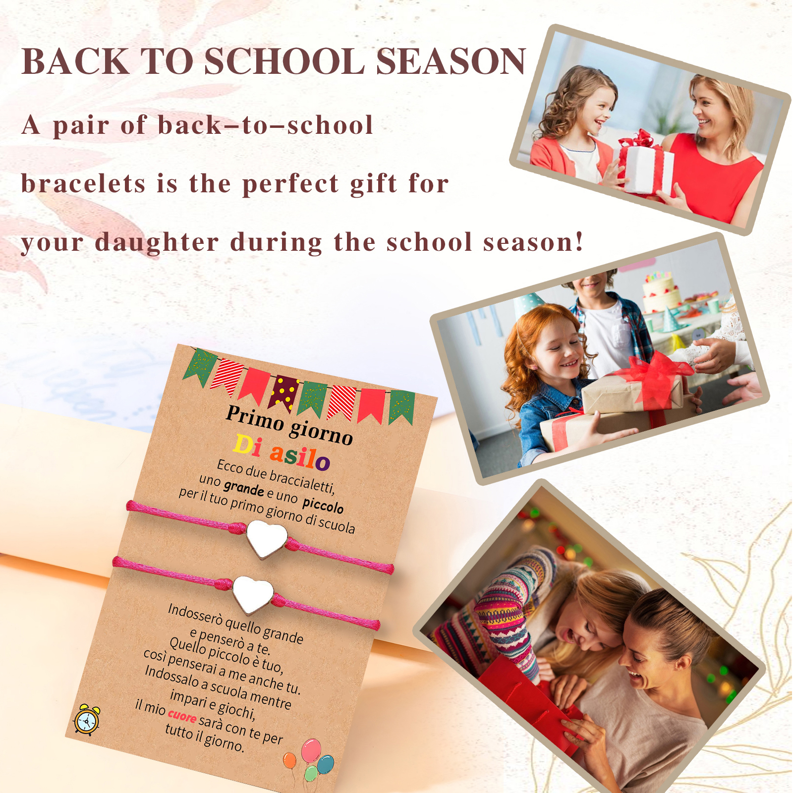 2PCS Braccialetto cuore regorabile regalo per bambina con carta