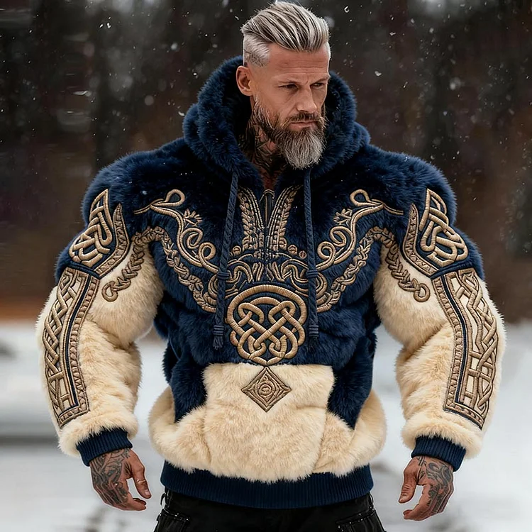 Men's Viking Tribal Jacquard Muscle Line Inspired Art Plush Warm Hoodie