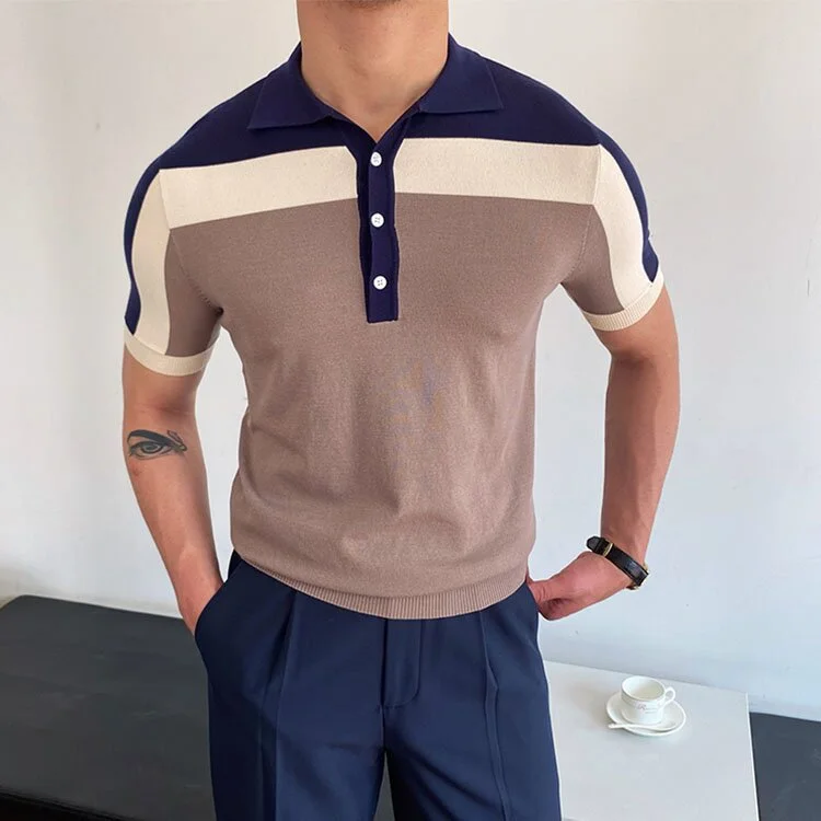 Gentleman Summer Color Matching Knitted Polo Shirt